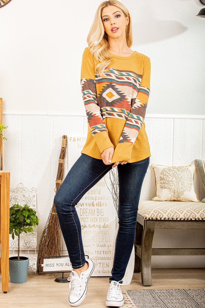 AZTECH PRINT LONG SLEEVES ROUND HEM TOP