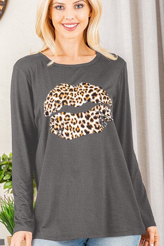SOLID ANIMAL PRINT CONTRAST LONG SLEEVES PLUS SIZE TOP