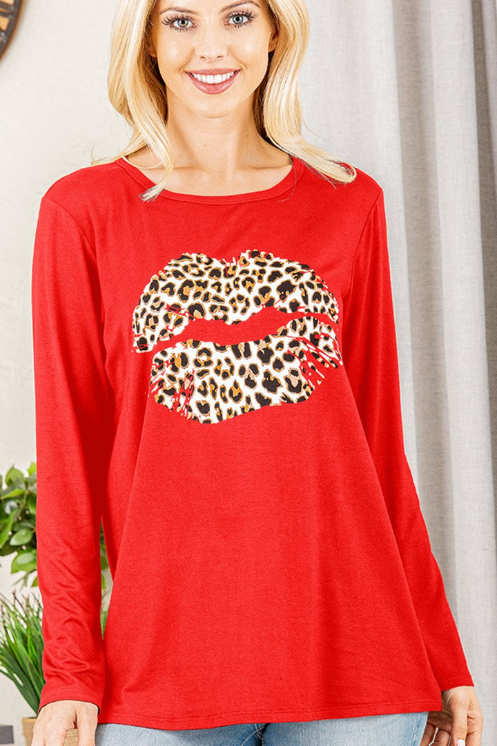 SOLID ANIMAL PRINT CONTRAST LONG SLEEVES PLUS SIZE TOP