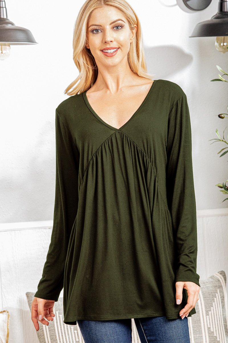 LONG SLEEVE V NECK SOLID TOP WITH SHIRRING DETAIL