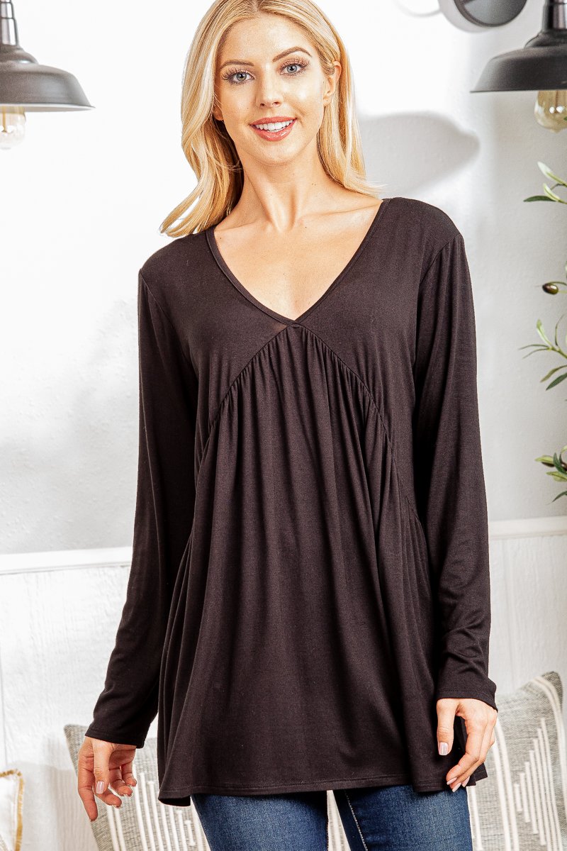 LONG SLEEVE V NECK SOLID TOP WITH SHIRRING DETAIL
