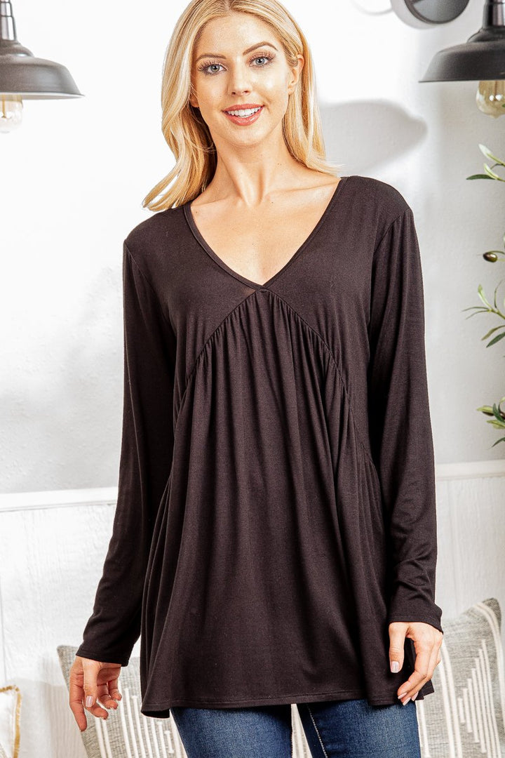 LONG SLEEVE V NECK SOLID TOP WITH SHIRRING DETAIL