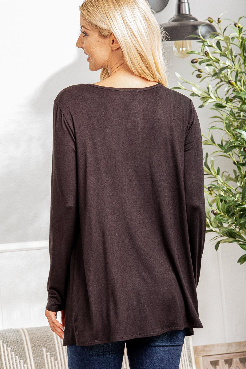 LONG SLEEVE V NECK SOLID TOP WITH SHIRRING DETAIL