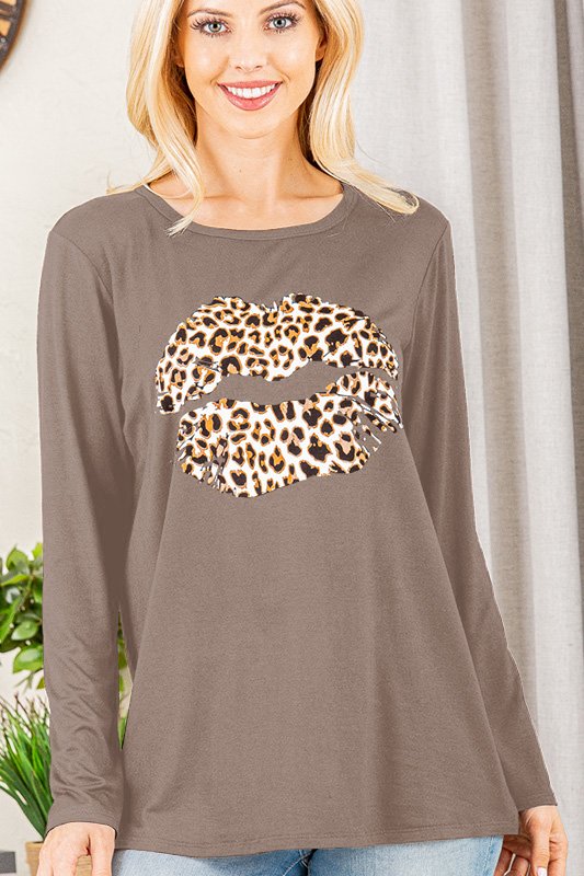 SOLID ANIMAL PRINT CONTRAST LONG SLEEVES PLUS SIZE TOP