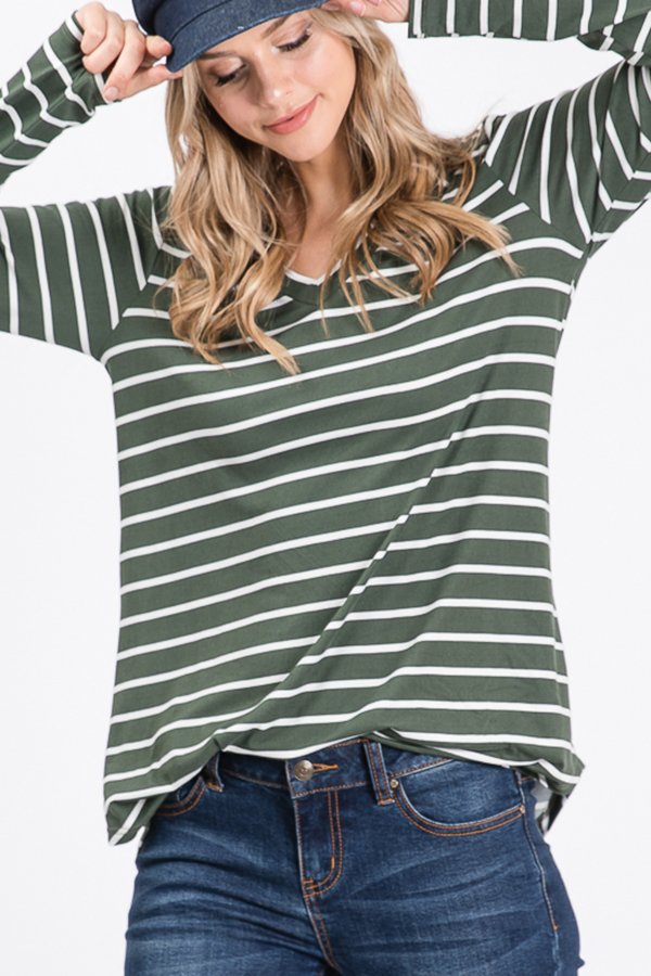 LONG SLEEVE V NECK STRIPE PRINT TOP WITH ROUND HEM DETAIL PLUS SIZE