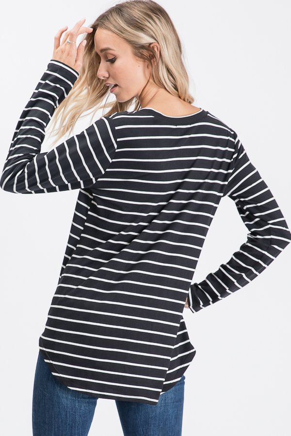 LONG SLEEVE V NECK STRIPE PRINT TOP WITH ROUND HEM DETAIL PLUS SIZE