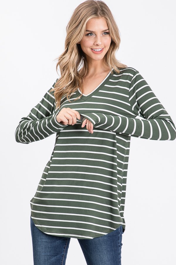LONG SLEEVE V NECK STRIPE PRINT TOP WITH ROUND HEM DETAIL PLUS SIZE