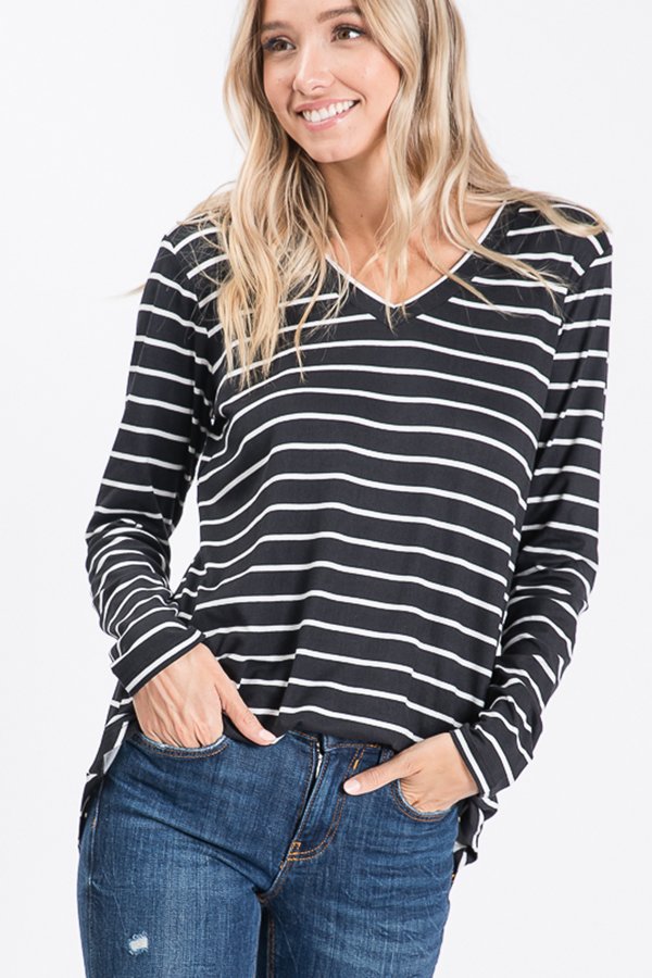 LONG SLEEVE V NECK STRIPE PRINT TOP WITH ROUND HEM DETAIL PLUS SIZE