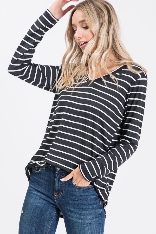 LONG SLEEVE V NECK STRIPE PRINT TOP WITH ROUND HEM DETAIL PLUS SIZE