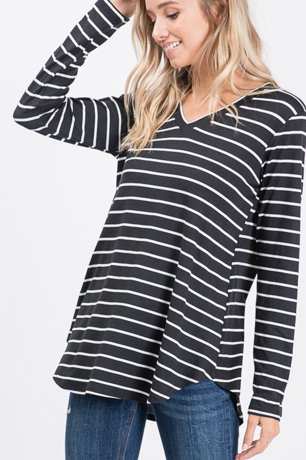 LONG SLEEVE V NECK STRIPE PRINT TOP WITH ROUND HEM DETAIL PLUS SIZE