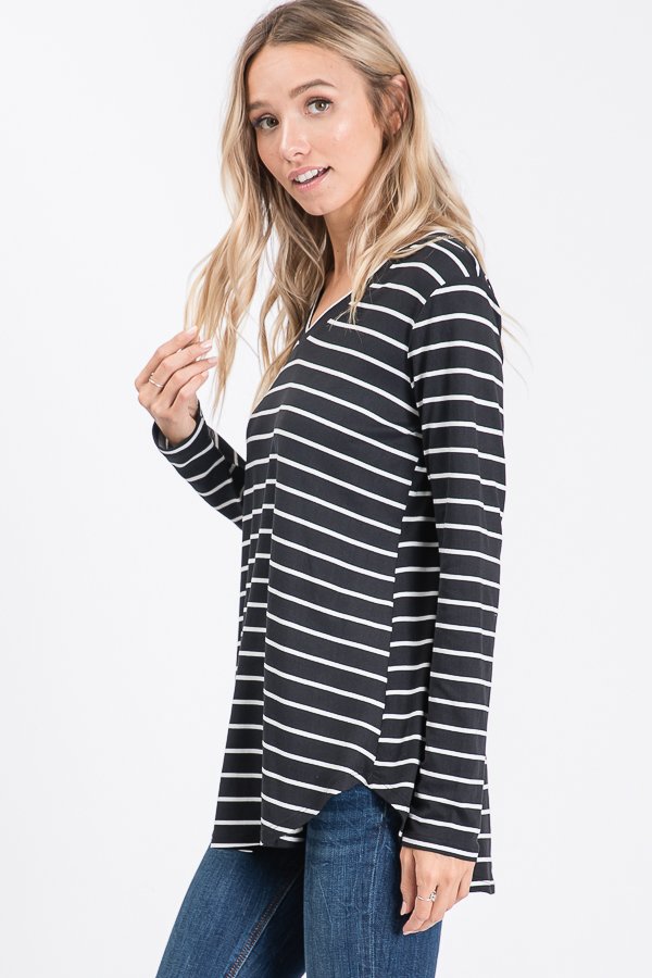 LONG SLEEVE V NECK STRIPE PRINT TOP WITH ROUND HEM DETAIL PLUS SIZE