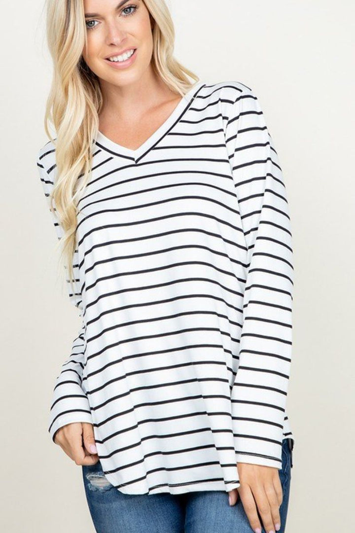 LONG SLEEVE V NECK STRIPE PRINT TOP