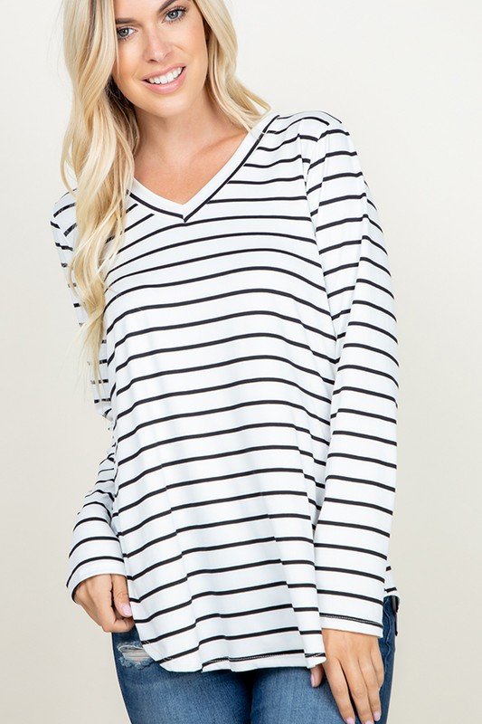 LONG SLEEVE V NECK STRIPE PRINT TOP WITH ROUND HEM DETAIL PLUS SIZE