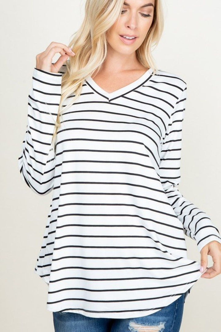 LONG SLEEVE V NECK STRIPE PRINT TOP