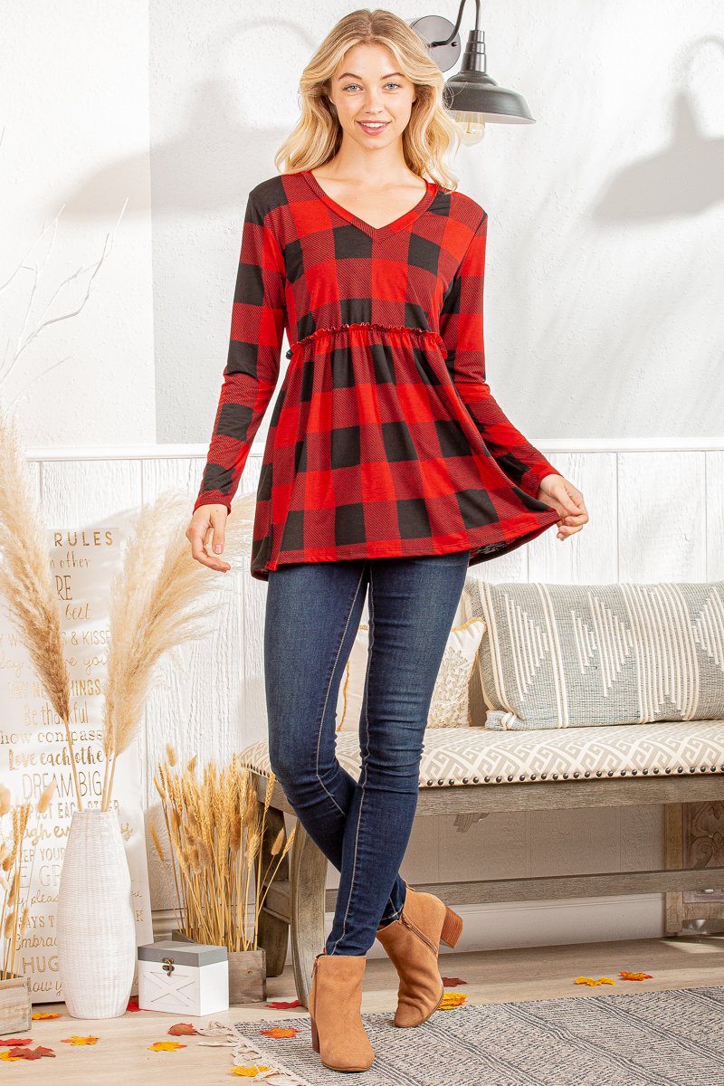 LONG SLEEVE V NECK PLAID PRINT TOP WITH RUFFLED DETAIL PLUS SIZE