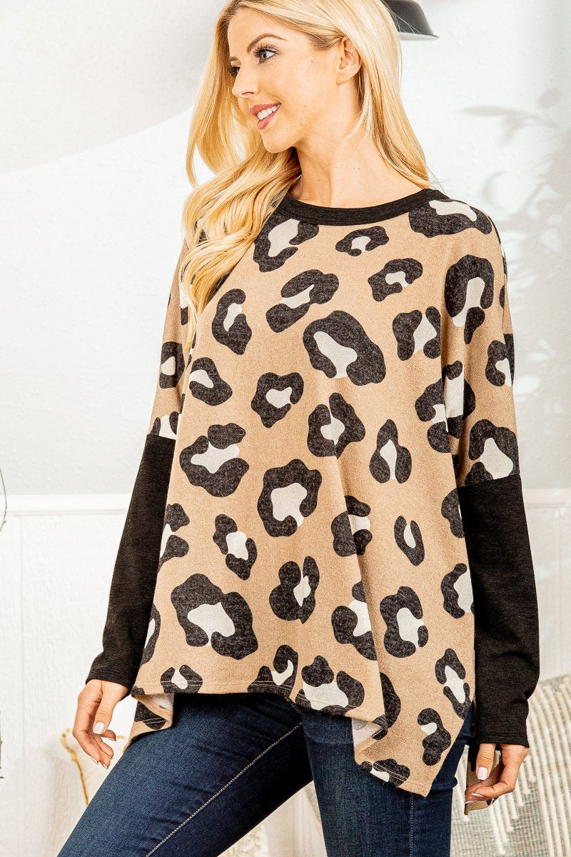 TAUPE ANIMAL PRINT CONTRAST DRAPE DETAIL PLUS SIZE TOP