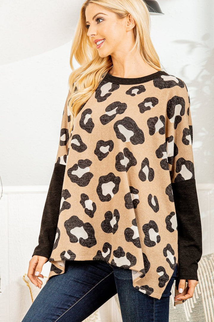 TAUPE ANIMAL PRINT CONTRAST DRAPE DETAIL PLUS SIZE TOP