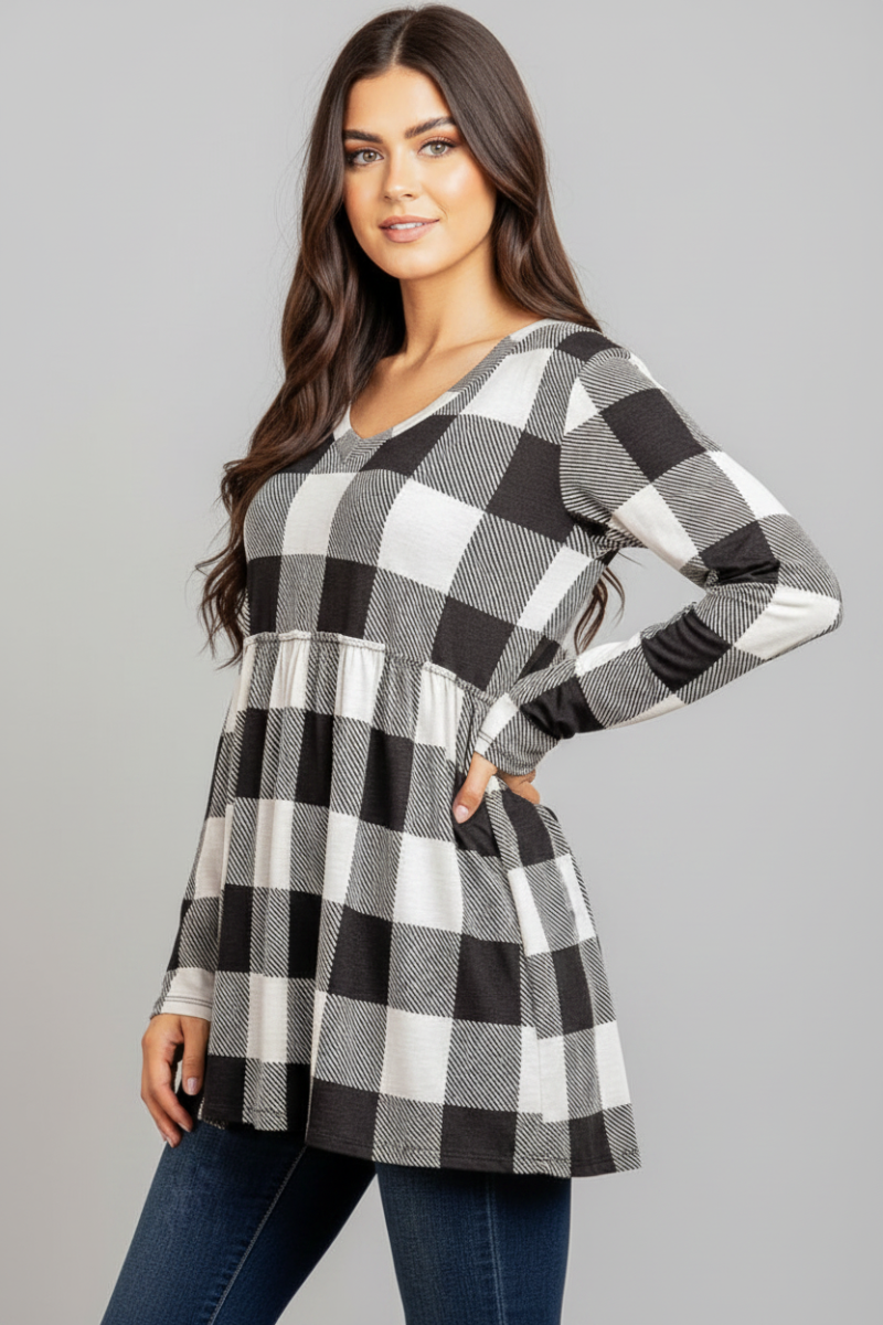 PLUS SIE LONG SLEEVE V NECK PLAID PRINT TOP WITH RUFFLED DETAIL