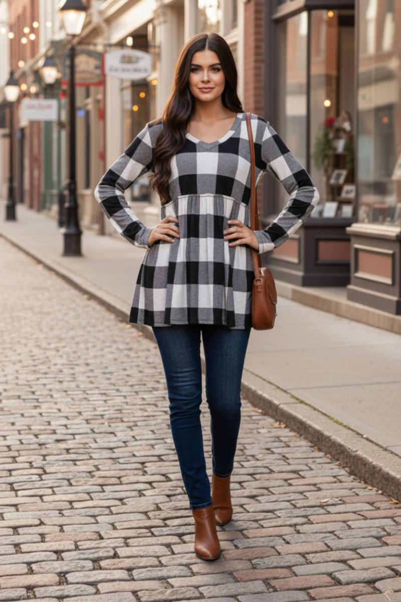 PLUS SIE LONG SLEEVE V NECK PLAID PRINT TOP WITH RUFFLED DETAIL