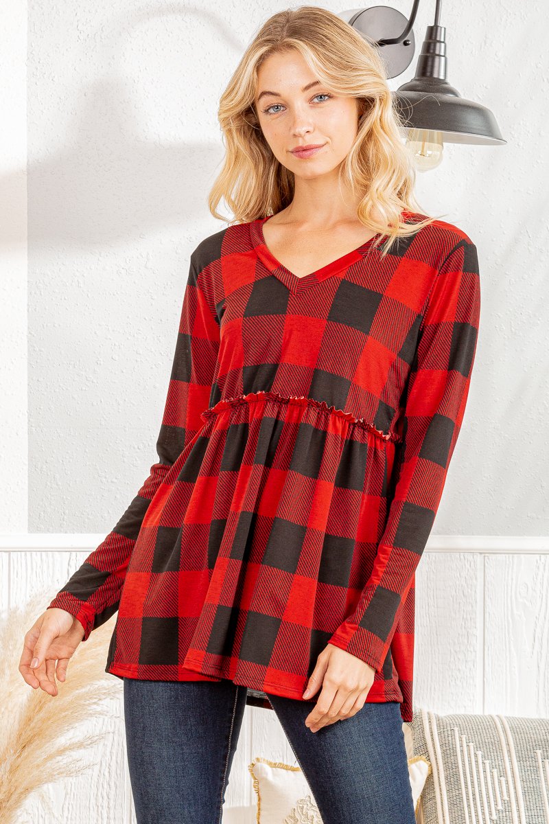 LONG SLEEVE V NECK PLAID PRINT TOP WITH RUFFLED DETAIL PLUS SIZE