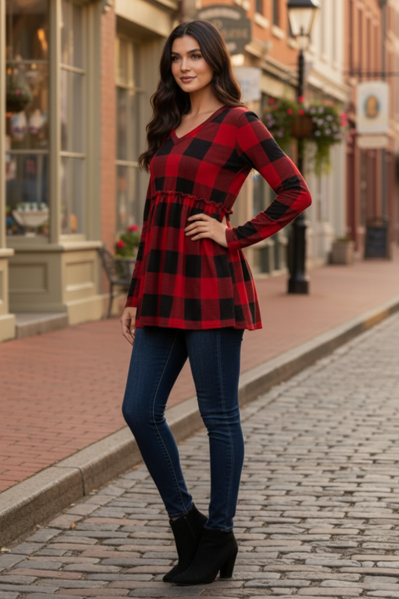 PLUS SIE LONG SLEEVE V NECK PLAID PRINT TOP WITH RUFFLED DETAIL