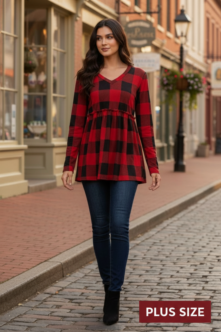 PLUS SIE LONG SLEEVE V NECK PLAID PRINT TOP WITH RUFFLED DETAIL