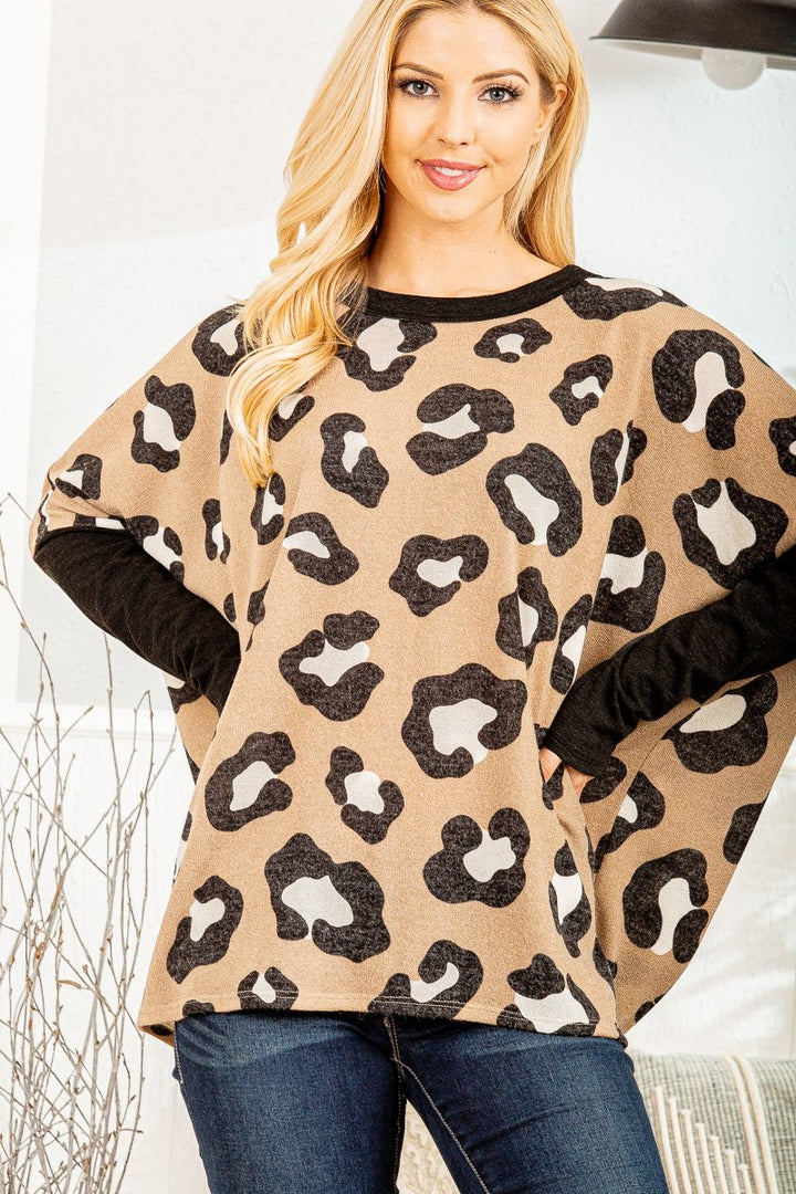 TAUPE ANIMAL PRINT CONTRAST DRAPE DETAIL PLUS SIZE TOP