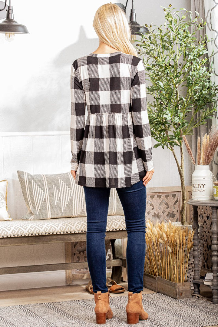 LONG SLEEVE V NECK PLAID PRINT TOP WITH RUFFLED DETAIL PLUS SIZE