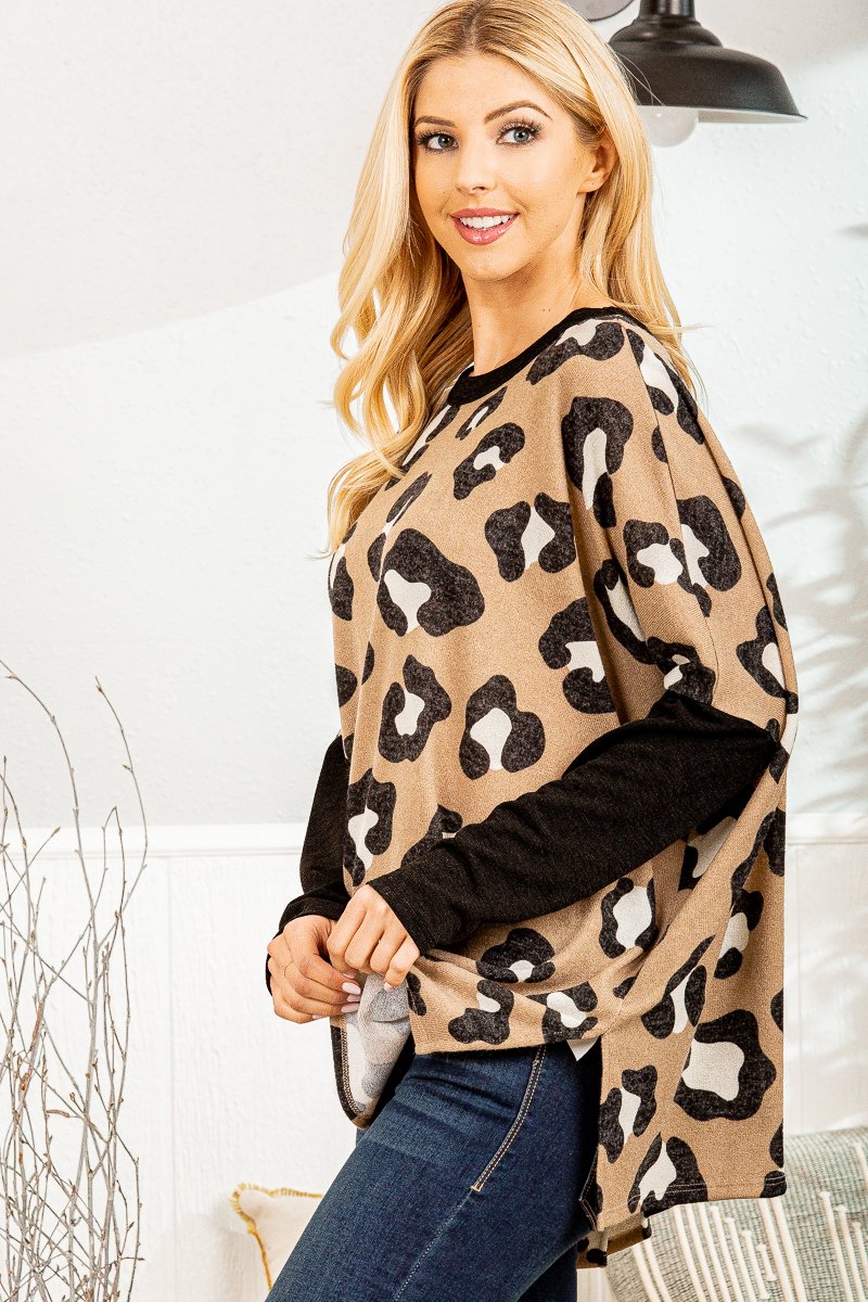 TAUPE ANIMAL PRINT CONTRAST DRAPE DETAIL PLUS SIZE TOP