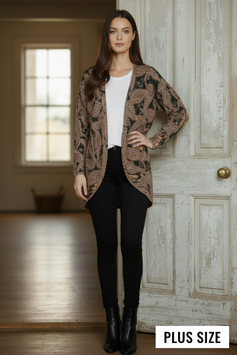 PLUS SIZE PAISLEY PRINT DOLMAN SLEEVE OPEN CARDIGAN HMEJ6700
