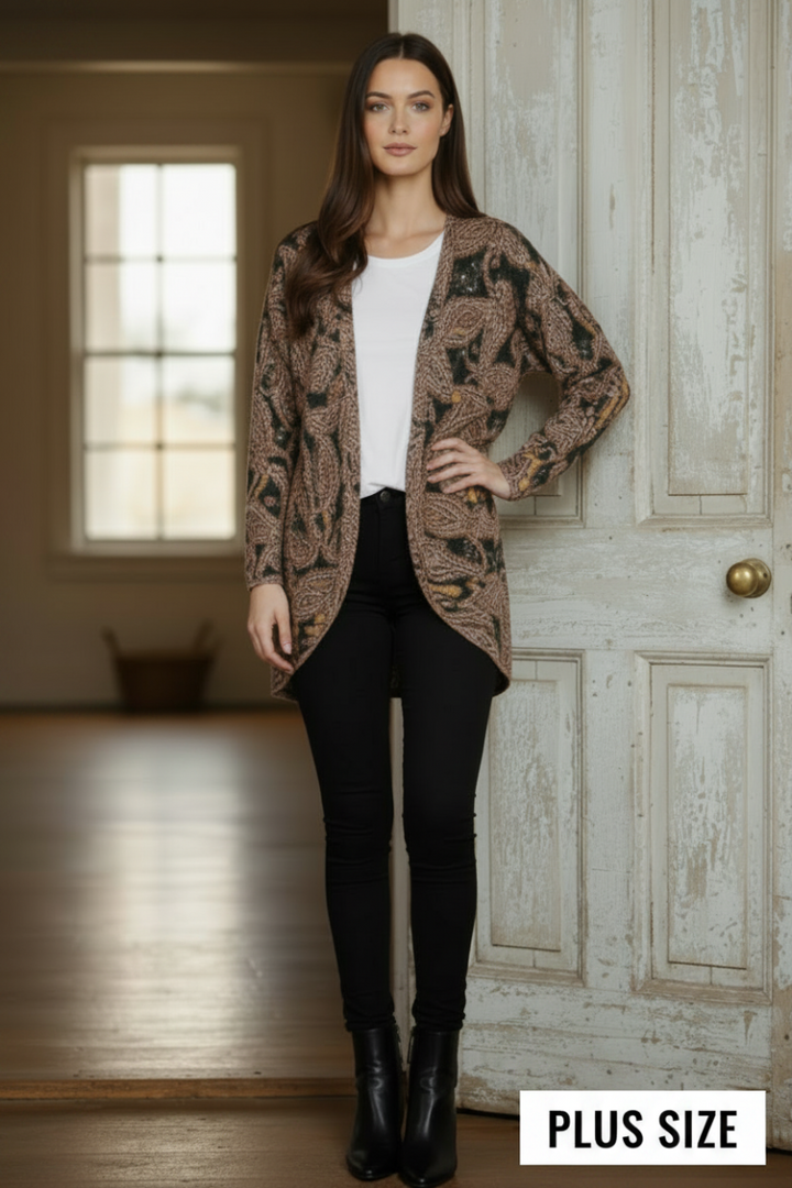 PLUS SIZE PAISLEY PRINT DOLMAN SLEEVE OPEN CARDIGAN HMEJ6700