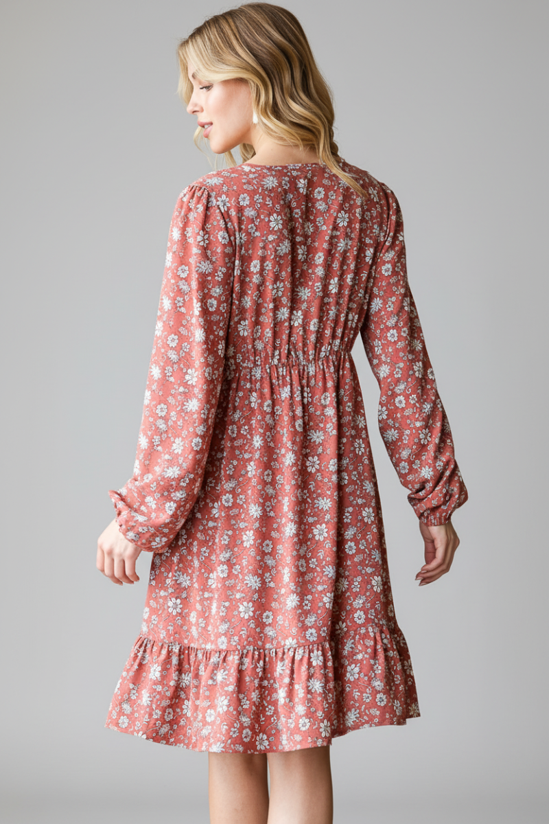 PLUS SIZE FLORAL PRINT PUFF SLEEVE BABYDOLL MINI DRESS HMED6786