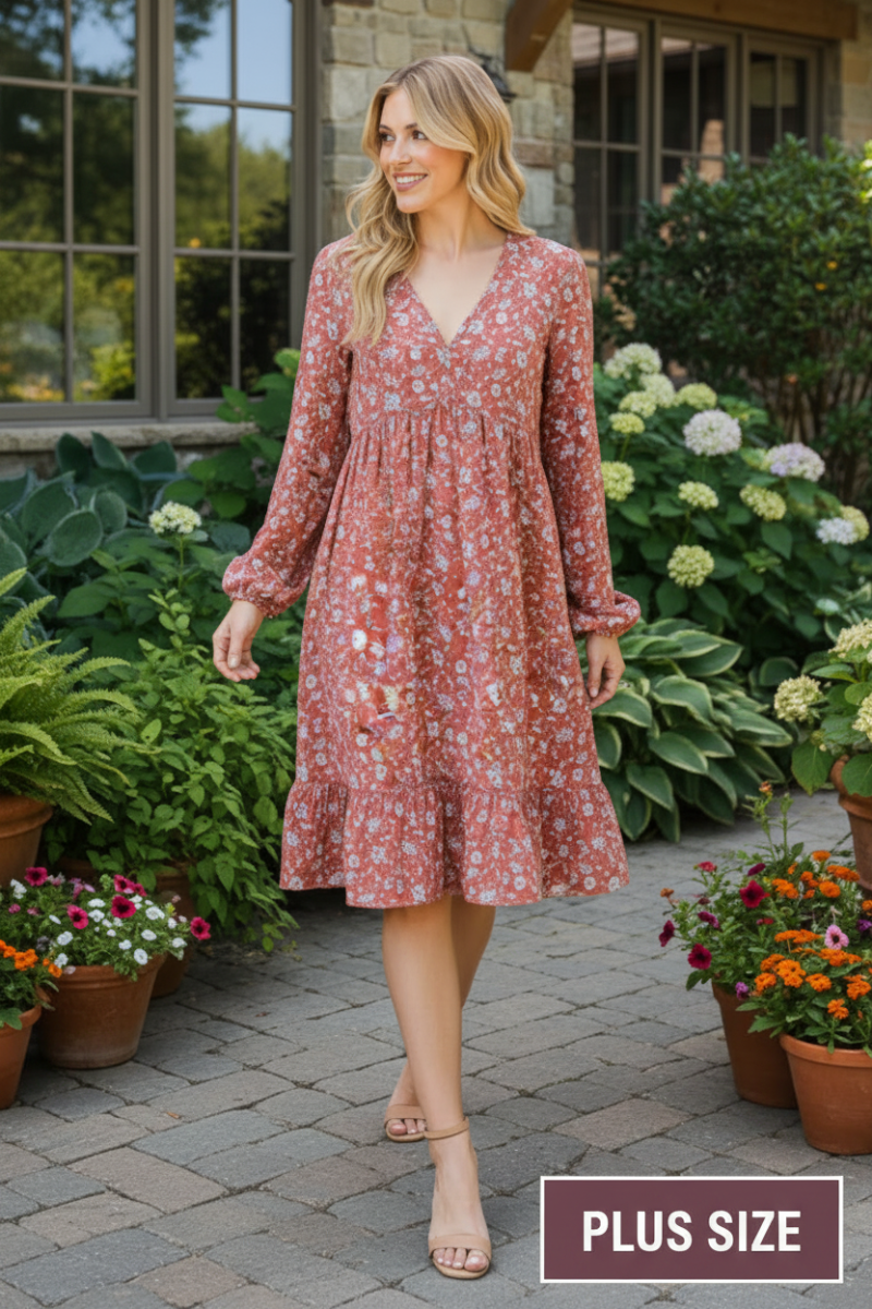 PLUS SIZE FLORAL PRINT PUFF SLEEVE BABYDOLL MINI DRESS HMED6786