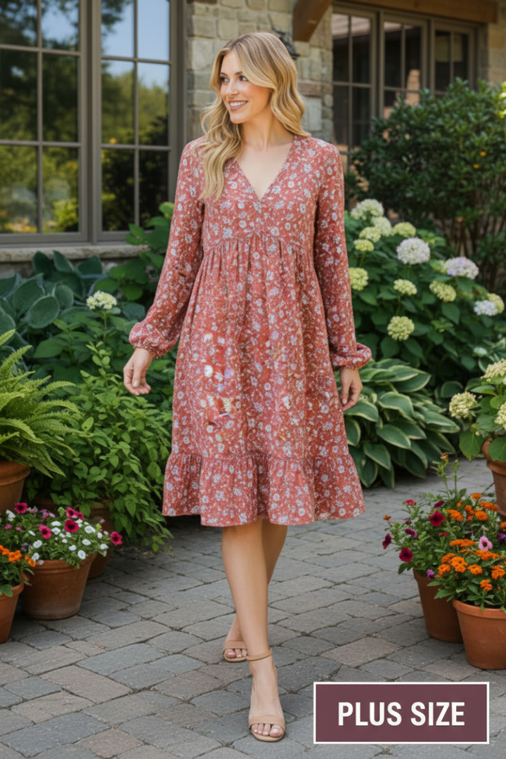PLUS SIZE FLORAL PRINT PUFF SLEEVE BABYDOLL MINI DRESS HMED6786