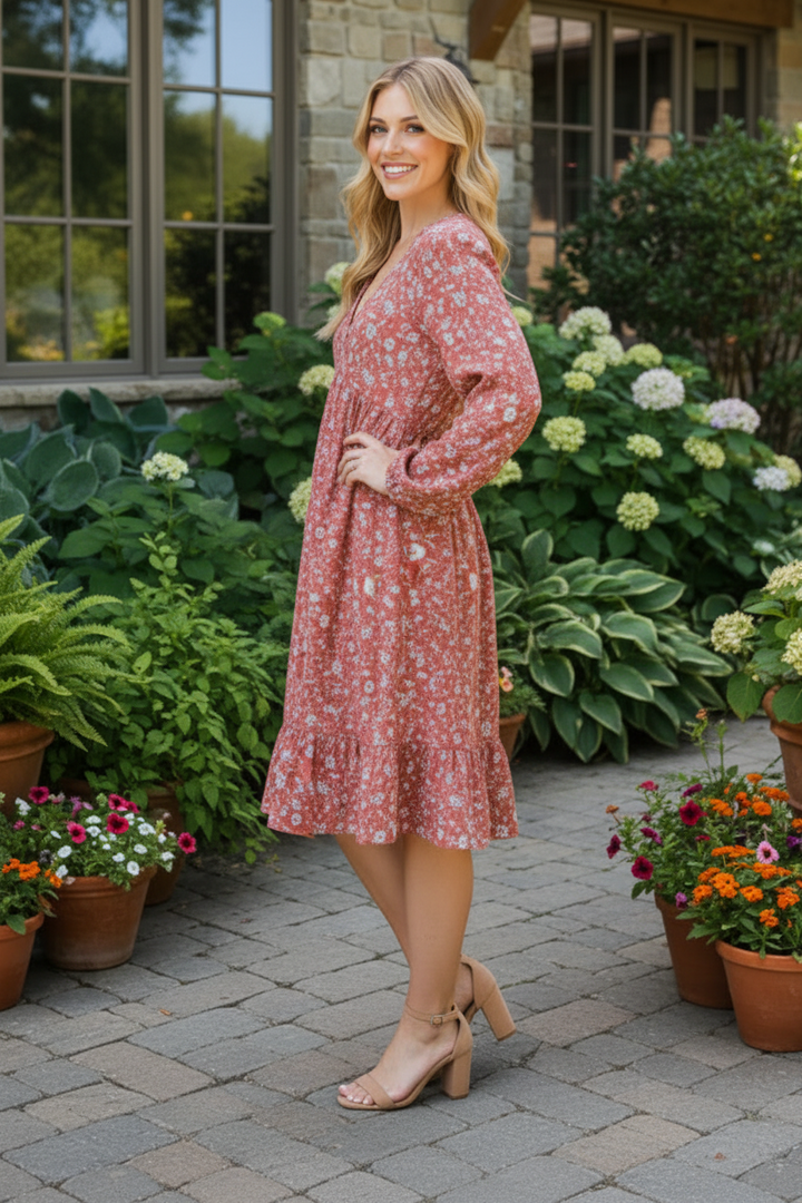 PLUS SIZE FLORAL PRINT PUFF SLEEVE BABYDOLL MINI DRESS HMED6786