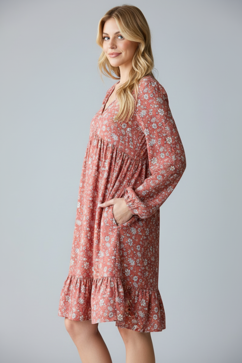 PLUS SIZE FLORAL PRINT PUFF SLEEVE BABYDOLL MINI DRESS HMED6786