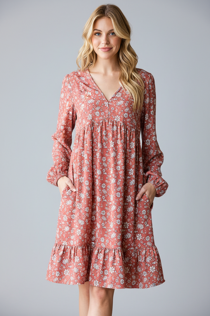 PLUS SIZE FLORAL PRINT PUFF SLEEVE BABYDOLL MINI DRESS HMED6786