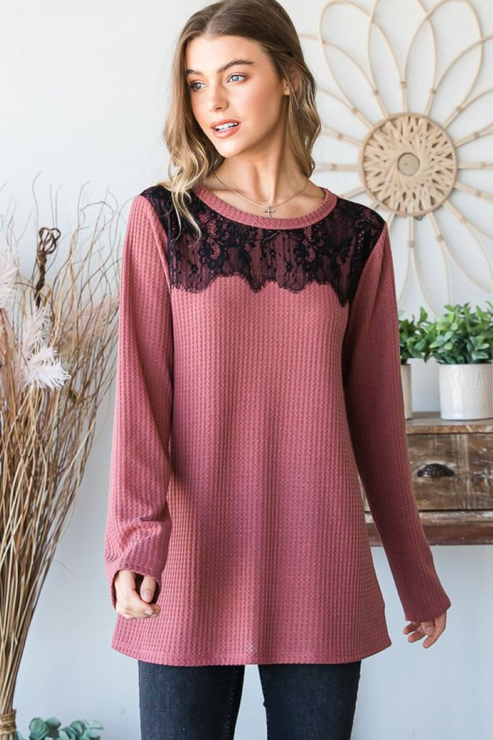 SOLID WAFFLE KNIT ROUND NECK LACE DETAILED TOP