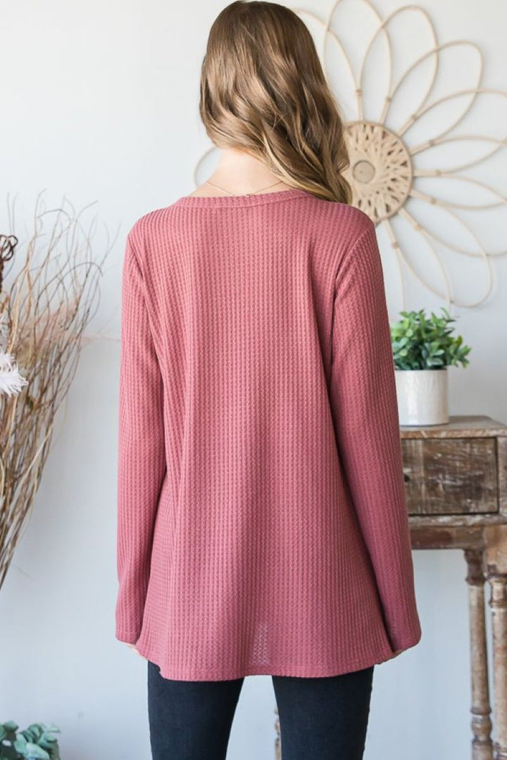 SOLID WAFFLE KNIT ROUND NECK LACE DETAILED TOP