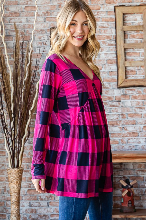 NAVY/FUCHSIA PLAID PRINT LONG SLEEVES  BABYDOLL TOP