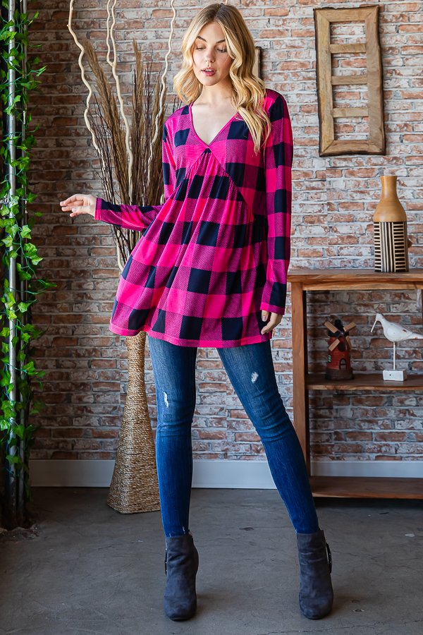 NAVY/FUCHSIA PLAID PRINT LONG SLEEVES  BABYDOLL TOP