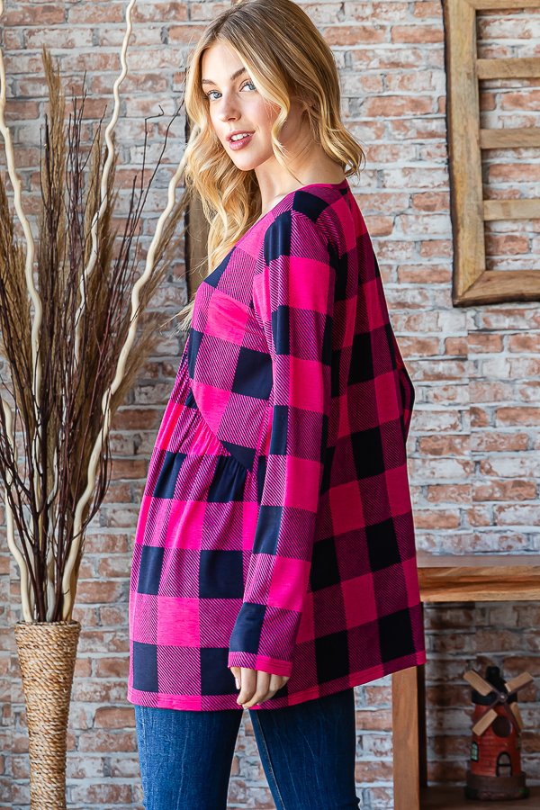 NAVY/FUCHSIA PLAID PRINT LONG SLEEVES  BABYDOLL TOP