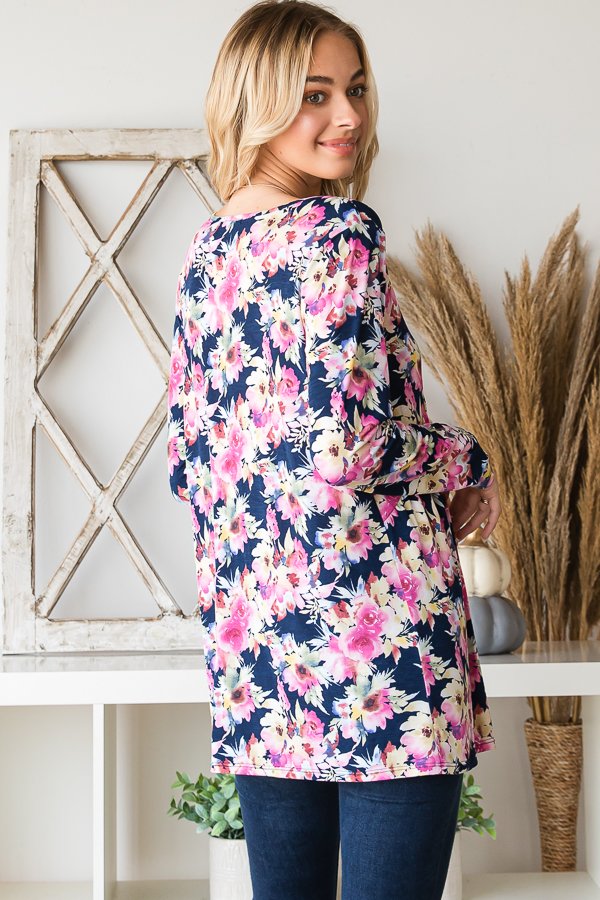 NAVY FLORAL PRINT LONG SLEEVES  RUFFLED PLUS TOP