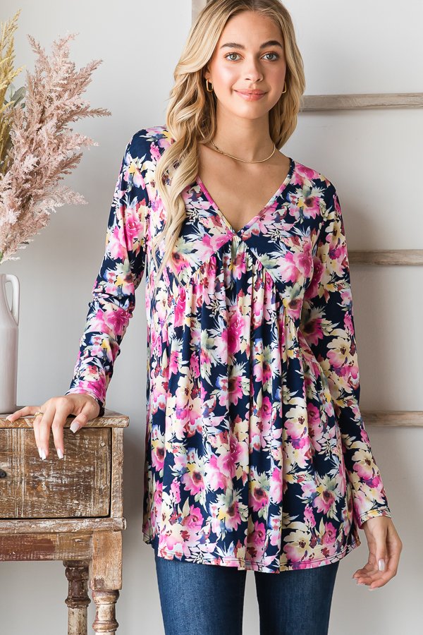 NAVY FLORAL PRINT LONG SLEEVES  RUFFLED PLUS TOP