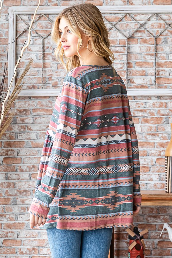OLIVE AZTEC PRINT LONG SLEEVES  BABYDOLL PLUS SIZE TOP