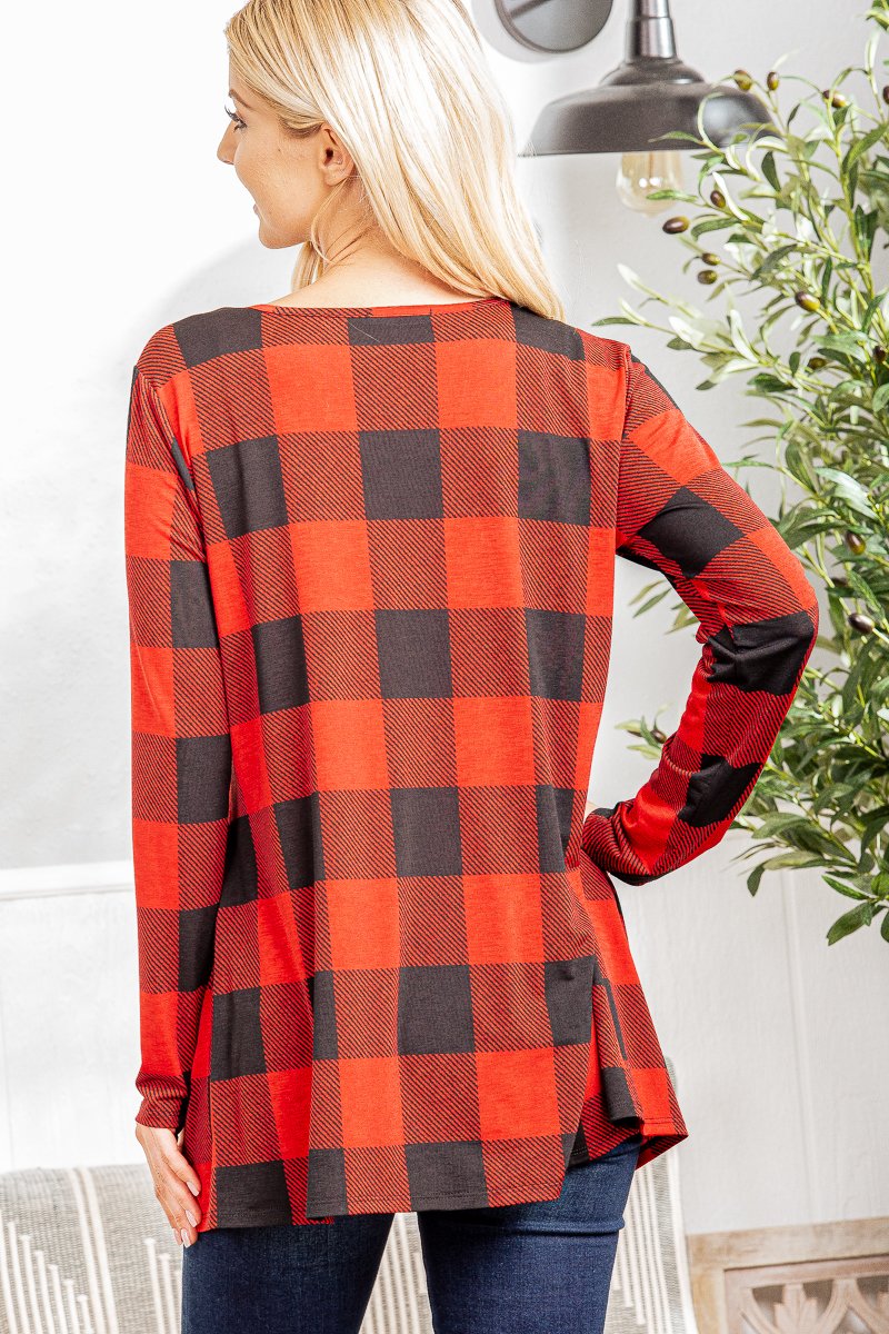 RED/BLACK PLAID PRINT W/ SHIRRING DETAILED TOP
