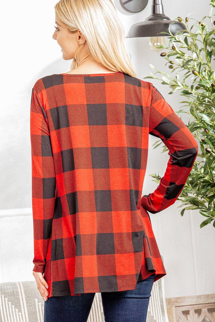 RED/BLACK PLAID PRINT W/ SHIRRING DETAILED PLUS SIZE TOP