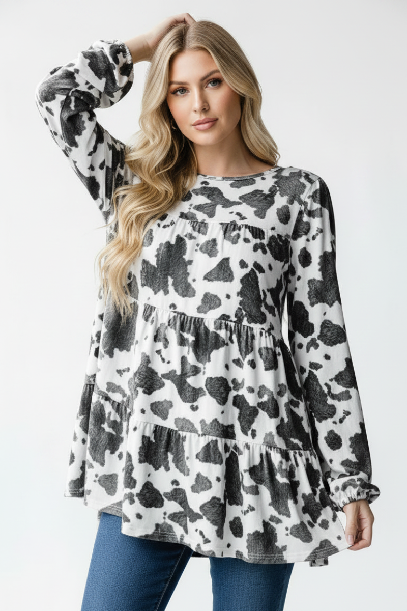 PLUS-ANIMAL PRINT PUFF SLEEVE BABYDOLL TOP HMET7326