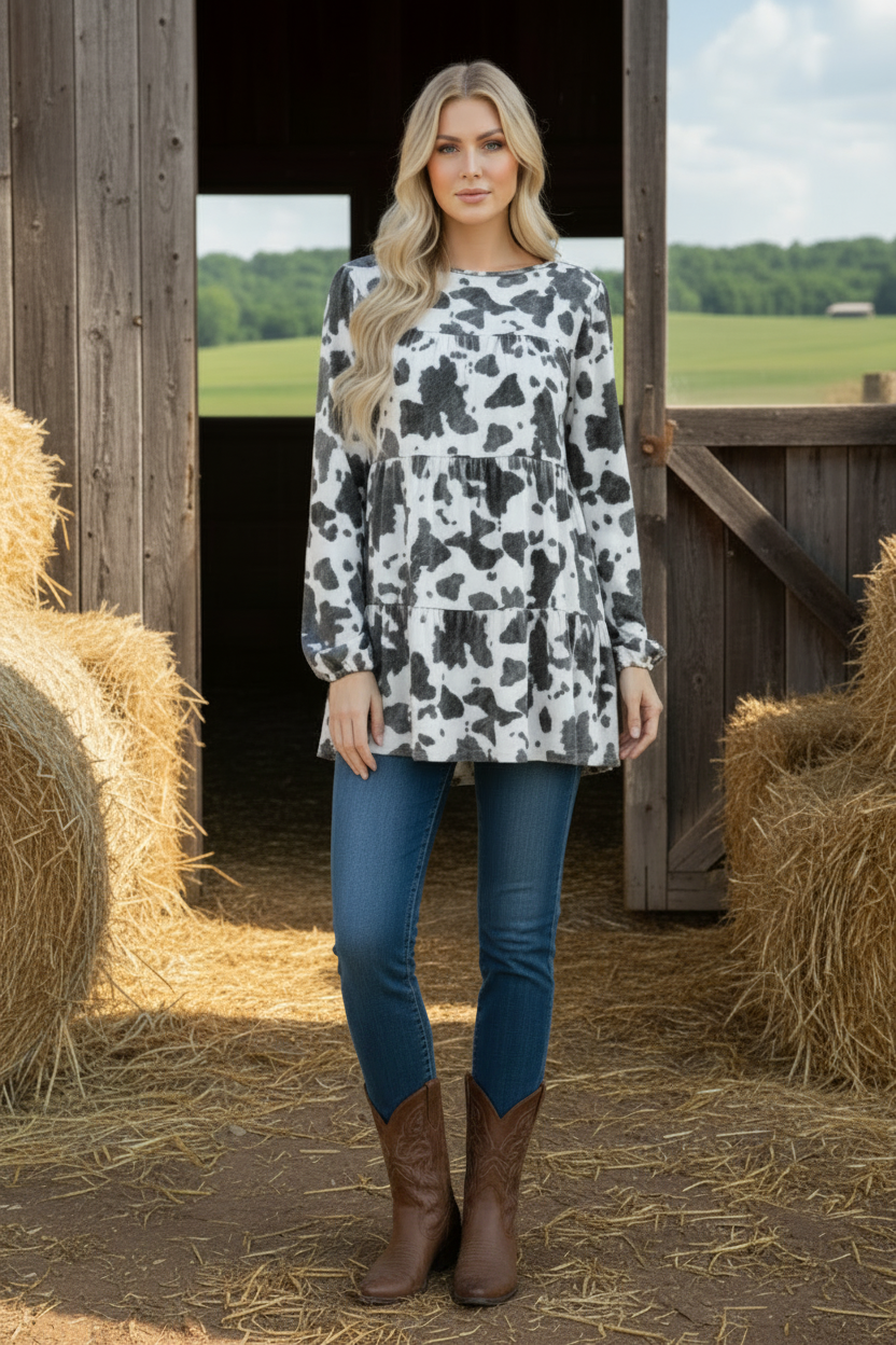 PLUS-ANIMAL PRINT PUFF SLEEVE BABYDOLL TOP HMET7326