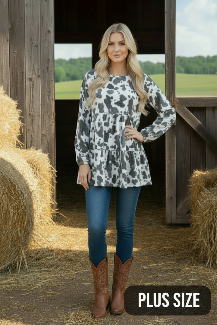 PLUS-ANIMAL PRINT PUFF SLEEVE BABYDOLL TOP HMET7326
